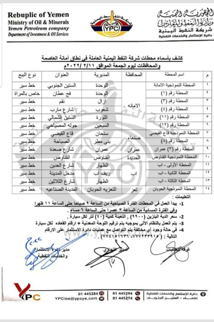 المحطات النفطية العاملة بالسعر الرسمي في صنعاء والمحافظات.. الجمعة 11 فبراير الخبر اليمني