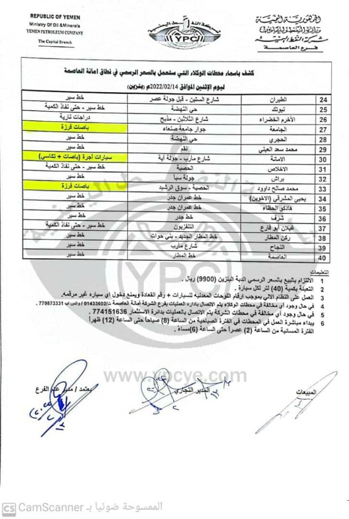 المحطات العاملة بالسعر الرسمي في صنعاء.. الإثنين 14 فبراير أزمة المشتقات النفطية